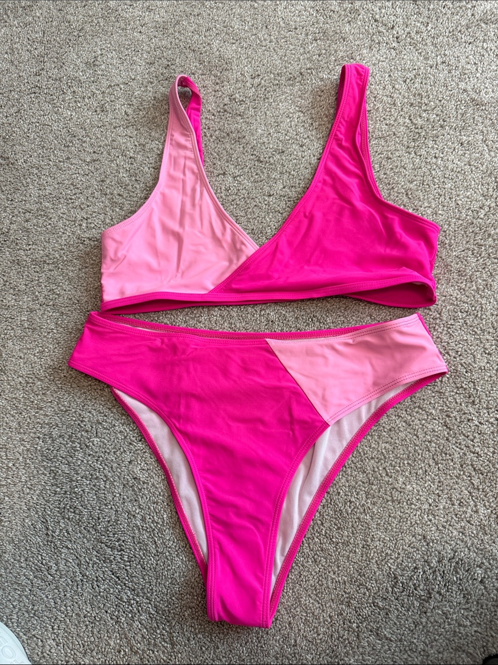 Two-Tone Pink Colorblock Bikini Set - Women Swim